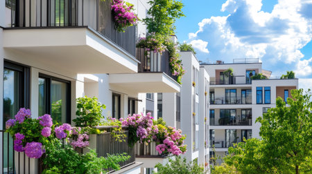 Bright and inviting image of a modern apartment building adorned with colorful flowers on balconies, set against a backdrop of blue skies and greenery.の素材