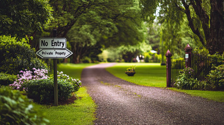 Discover a tranquil pathway marked by a no entry sign amidst a beautifully landscaped garden, showcasing lush greenery and a peaceful atmosphere.の素材