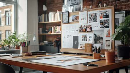 This vibrant creative workspace features a mood board filled with images and art supplies, designed for inspiration and productivity. The setup encourages creativity.の素材