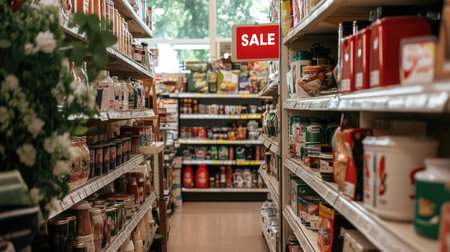A vibrant grocery store aisle showcasing various food products and a bright sale sign, inviting customers to explore discounts and fresh selections.の素材
