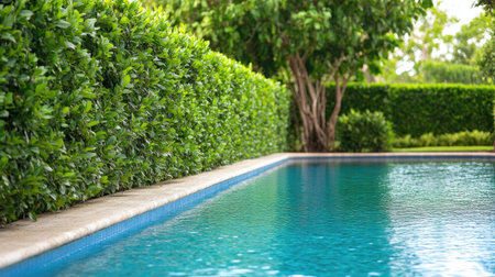 Experience a peaceful retreat with a stunning pool framed by lush greenery. This serene garden space invites relaxation and enjoyment of nature's beauty.の素材