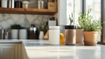 A modern kitchen scene featuring a countertop with clear containers filled with sugar and salt, fresh lemons, and potted herbs bathed in natural light.の素材