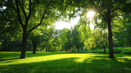 A serene park scene showcasing vibrant greenery under bright sunlight. Towering trees surround the lush lawn, creating a peaceful environment for relaxation and recreation.の素材