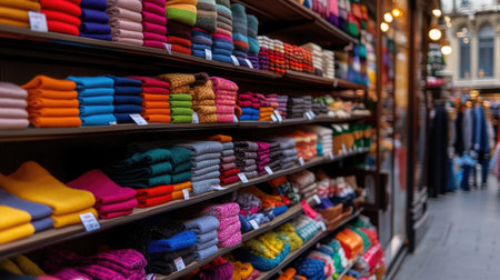 A vibrant collection of knitted fabrics displayed neatly in a shop window, showcasing a variety of colors and patterns that attract passersby and enhance the urban landscape.の素材