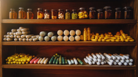 A vibrant arrangement of colorful bottles and pills on a wooden shelf, showcasing various health products and herbal remedies in an inviting display.の素材