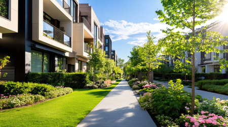 A picturesque urban pathway lined with vibrant flowers and lush greenery leads through modern homes, creating a serene atmosphere in a bright morning light.の素材