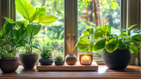 A captivating indoor scene featuring vibrant green plants in various pots, a gentle candle glow, and soft sunlight filtering through the window, creating a tranquil atmosphere.の素材