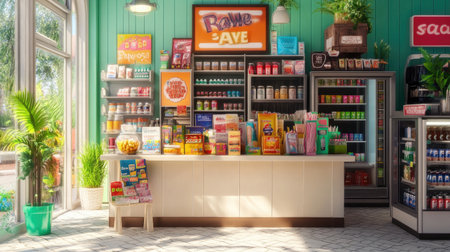 A vibrant convenience store interior showcasing an inviting checkout area filled with snacks, drinks, and colorful displays. Perfect for retail concepts.の素材