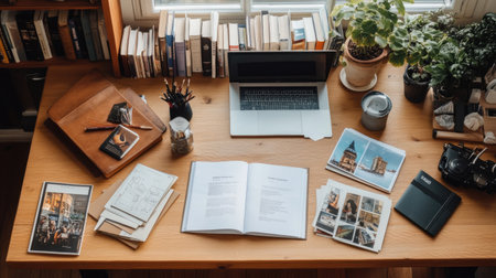 A serene workspace featuring a laptop, books, and plants. Ideal for inspiration, study, or creative work. The inviting atmosphere enhances productivity.の素材