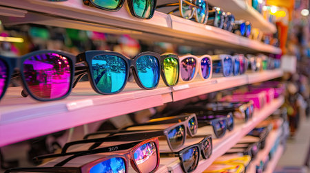 A vibrant display of colorful sunglasses in a retail store, showcasing a variety of styles and reflections. Perfect for summer fashion and sunny days.の素材