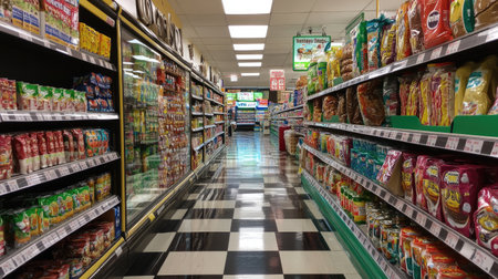 A vibrant grocery store aisle filled with various products, featuring a checkered floor and organized shelves. A perfect representation of retail shopping experience.の素材