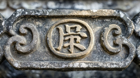 Close-up view of an intricate stone carving featuring a unique design. The weathered texture and ancient aesthetic highlight historical craftsmanship and cultural significance.の素材