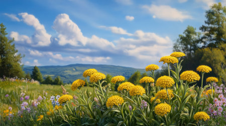 A stunning view of vibrant yellow wildflowers in a green field beneath a picturesque blue sky with fluffy clouds, embodying nature's beauty.の素材