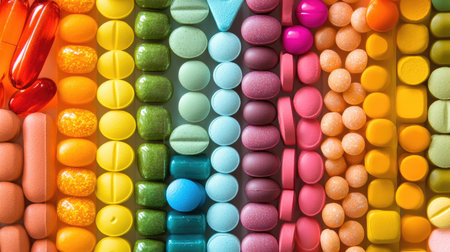 A vibrant collection of assorted tablets and capsules arranged neatly. This colorful display highlights various health supplements and vitamins, perfect for wellness themes.の素材