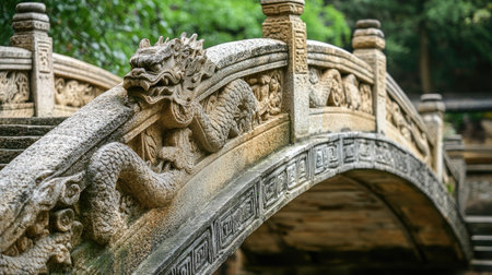 Discover a beautifully crafted stone bridge adorned with intricate dragon carvings, surrounded by lush greenery, evoking a sense of tranquility and history.の素材