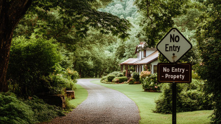 A tranquil country path leading to a private residence, flanked by lush greenery and a no entry sign, inviting a serene escape into nature's beauty.の素材