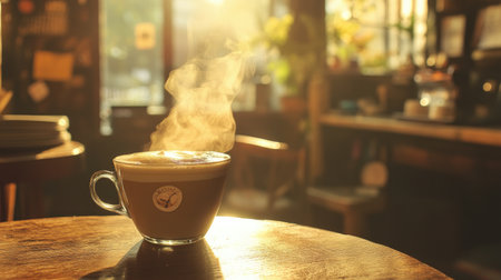 A steaming cup of coffee sits on a wooden table in a cozy cafe, illuminated by warm sunlight. This inviting moment captures the essence of relaxation and comfort.の素材