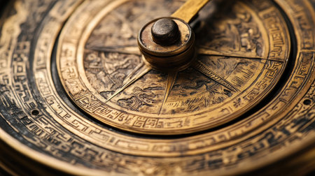This close-up image showcases an intricate vintage compass adorned with detailed engravings, highlighting its craftsmanship and historical significance.の素材