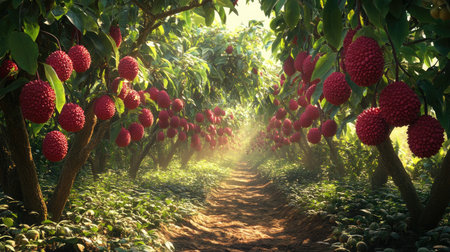 Discover a serene lychee orchard filled with ripe fruits, basking in warm sunlight. The lush greenery and tranquil atmosphere create an inviting scene of nature.の素材