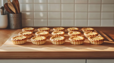 A stunning display of freshly baked mini tarts arranged on a wooden table in a cozy kitchen. These golden pastries showcase a delightful filling, perfect for any dessert lover.の素材