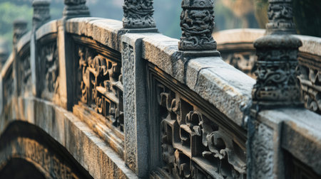 A beautifully crafted stone bridge showcases intricate carvings, illuminated by soft morning light, creating a serene atmosphere in a tranquil landscape.の素材