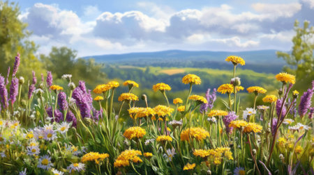 A picturesque meadow showcasing vibrant yellow flowers and delicate lavender blooms under a bright blue sky, perfect for nature lovers and outdoor enthusiasts.の素材