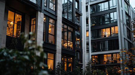This image showcases modern urban architecture with warm lighting, capturing the beauty of city living at dusk, combined with natural greenery.の素材