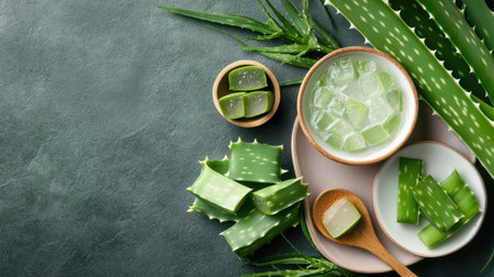 A beautifully arranged display featuring fresh aloe vera segments, gel, and leaves on a textured green surface, perfect for health and wellness themes.の素材