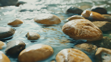 A serene view of smooth pebbles submerged in a tranquil stream, showcasing the beauty of nature. The crystal clear water reflects the sunlight, creating a peaceful atmosphere.の素材
