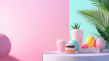 This vibrant arrangement features colorful desserts and drinks against a pastel background, enhanced by a palm leaf, perfect for spring celebrations.の素材