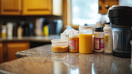 A vibrant kitchen scene featuring various jars and bottles filled with ingredients on a countertop, showcasing a warm and inviting home atmosphere perfect for meal preparation.の素材