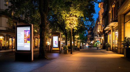 A captivating urban night scene showcasing digital displays along a tree-lined street, illuminated by soft lights, creating a lively yet serene atmosphere.の素材