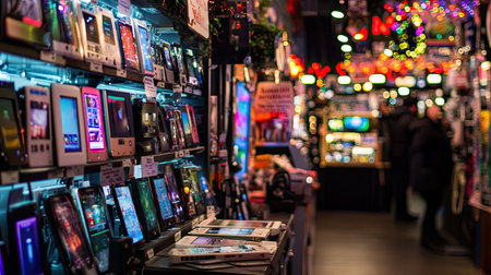 A vibrant arcade filled with vintage game machines illuminated by colorful neon lights. The lively atmosphere invites social interactions and nostalgic experiences, ideal for fun seekers.の素材