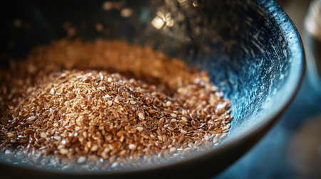 A detailed close-up of light brown flaxseed nestled in a dark bowl, emphasizing the natural texture and healthy qualities of this nutritious superfood.の素材