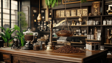 Explore a rustic coffee shop interior featuring coffee beans, vintage brewing equipment, and a warm atmosphere. Ideal for coffee lovers and artisans.の素材