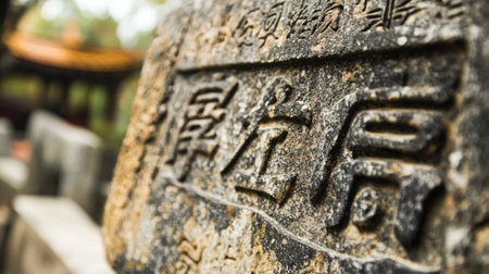 A beautifully weathered stone tablet displaying intricate carvings, rich in history and cultural significance, ideal for illustrating ancient heritage and craftsmanship.の素材
