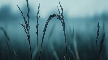 A serene view of dewy grass in a misty field at dawn, featuring delicate blades framed beautifully with soft blue tones and a tranquil atmosphere.の素材