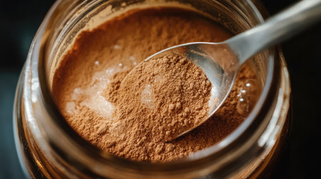A captivating close-up of cinnamon powder in a glass jar, showcasing its rich texture and warm brown color. Ideal for cooking or baking themes.の素材