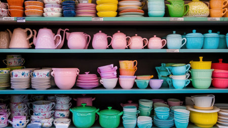 This vibrant collection of vintage kitchenware showcases a delightful arrangement of colorful dishes, bowls, cups, and teapots, perfect for home decor and storage.の素材