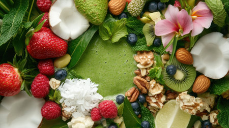 A vibrant arrangement of fresh fruits, nuts, and greens showcases ingredients for a healthy green smoothie bowl. Perfect for nutrition and wellness themes.の素材