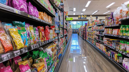 Vibrant grocery store aisle showcasing a wide range of snacks and beverages. The well-organized shelves highlight various food options for consumers.の素材