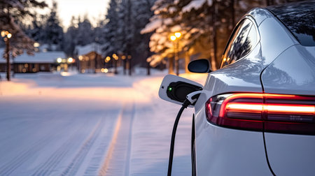 A close-up view of an electric vehicle charging in a snowy winter landscape at dusk, showcasing a modern design against a serene backdrop of trees and soft lighting.の素材