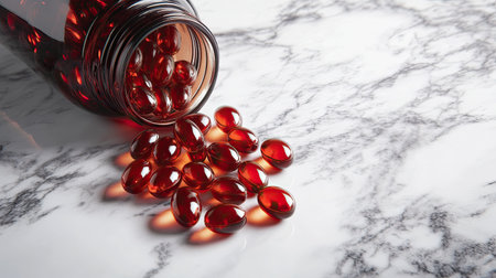 A glass jar containing red capsules is spilled on a marble surface. This elegant image captures health supplements, ideal for wellness and nutrition themes.の素材