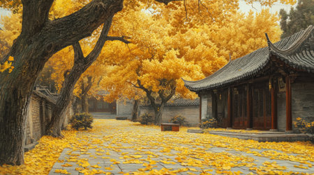 A stunning autumn scene showcases vibrant yellow leaves covering a serene pathway, flanked by traditional architecture, evoking peace and tranquility.の素材
