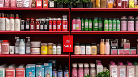 A vibrant display of diverse personal care products on shelves, showcasing colorful bottles and a prominent sale sign, ideal for retail or marketing themes.の素材