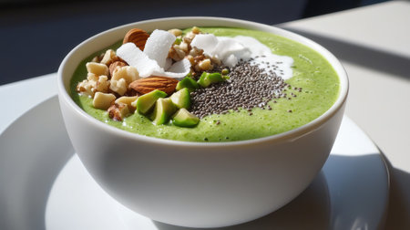 A beautifully styled green smoothie bowl topped with nuts, chia seeds, and yogurt. This nutritious dish is ideal for breakfast or a refreshing snack.の素材