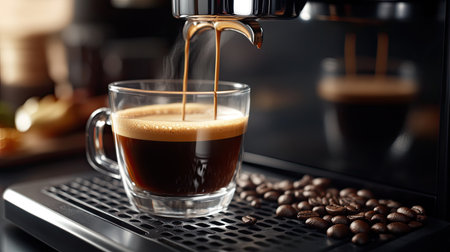 A freshly brewed hot espresso pours into a clear glass cup, showcasing rich layers and steam. The scene captures a cozy coffee moment in a stylish kitchen.の素材