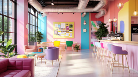 A vibrant and colorful modern interior design showcases a creative workspace with stylish furniture, plants, and bright decor, creating an inviting atmosphere.の素材