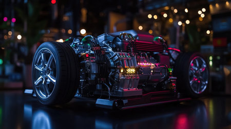 A stunning close-up of a modern engine showcasing intricate details and colorful lighting effects. Perfect for automotive enthusiasts and technology lovers.の素材