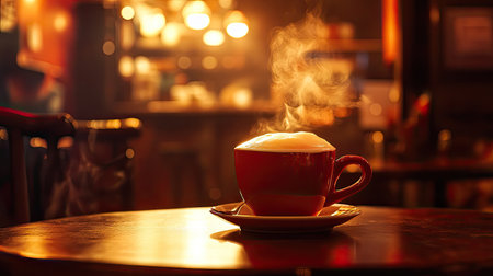 A steaming cup of coffee sits invitingly on a wooden table, surrounded by a warm and cozy cafe atmosphere, perfect for enjoying a quiet moment.の素材